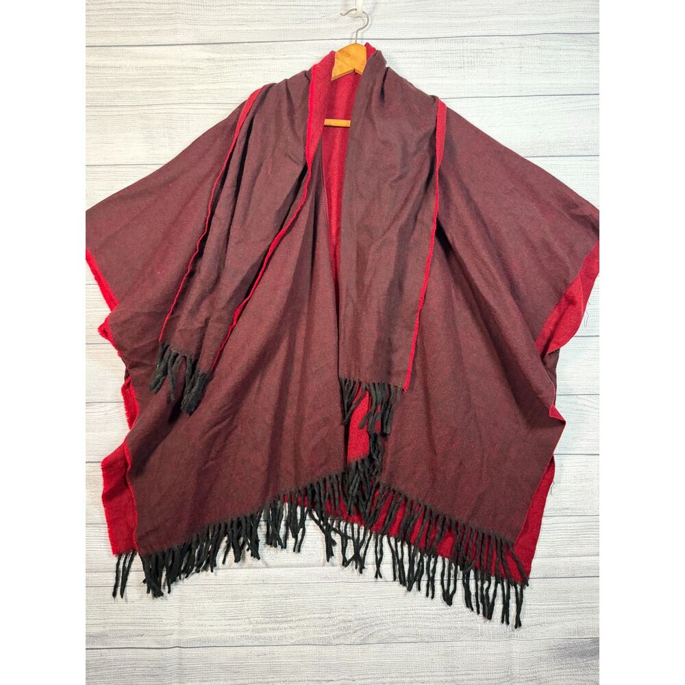 Made in Italy Burgundy Red Reversible Fringe Ruana Poncho Wrap One Size Bin C
